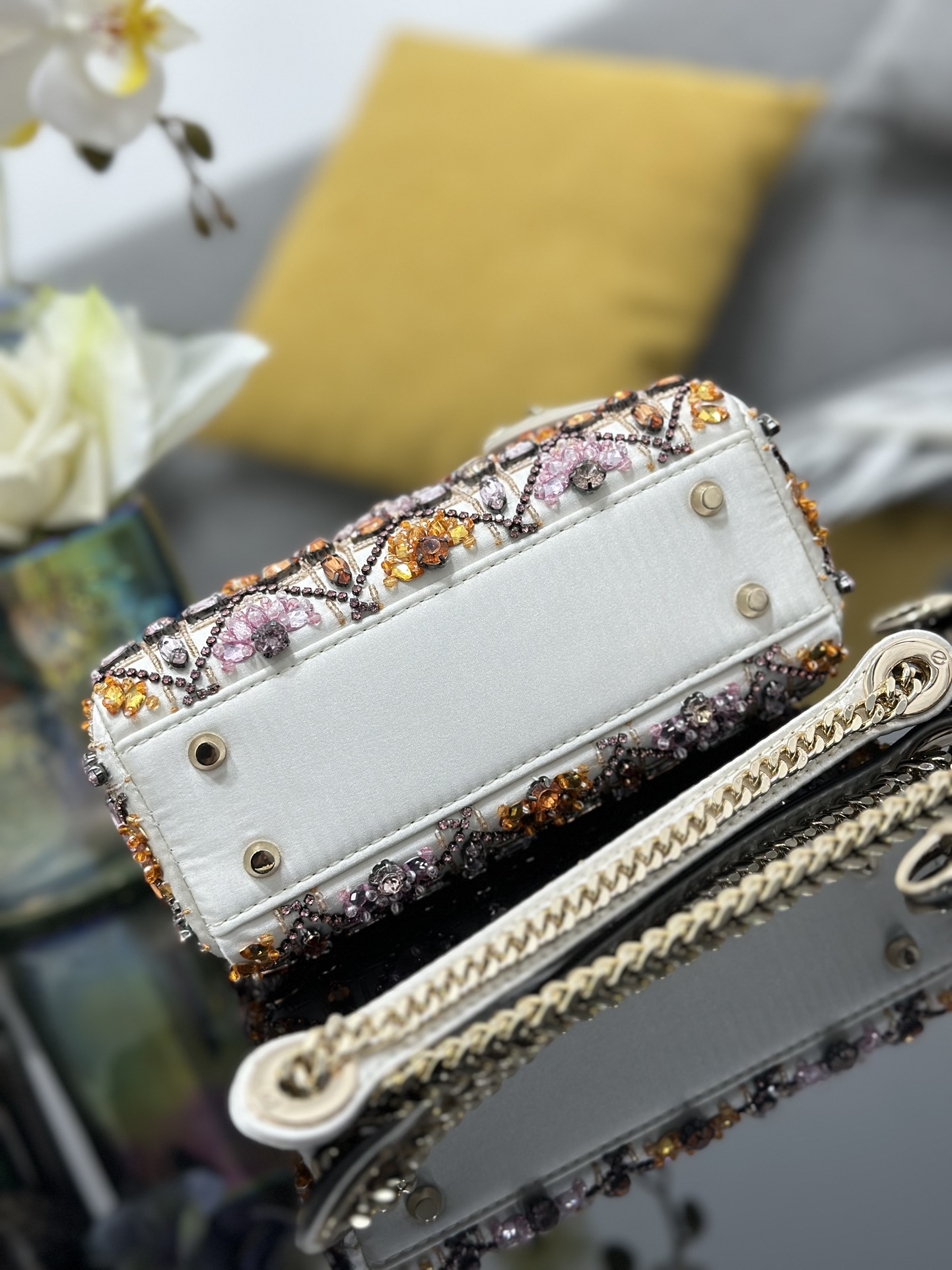 Mini Lady Dior Bag White Satin Embroidered with White Pink Diamond